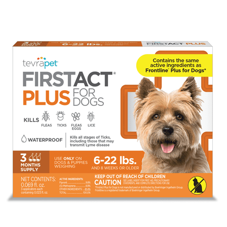 TevraPet FirstAct Plus, Flea and Tick Prevention for Small Dogs 5-22 lbs, 3 Monthly Treatments