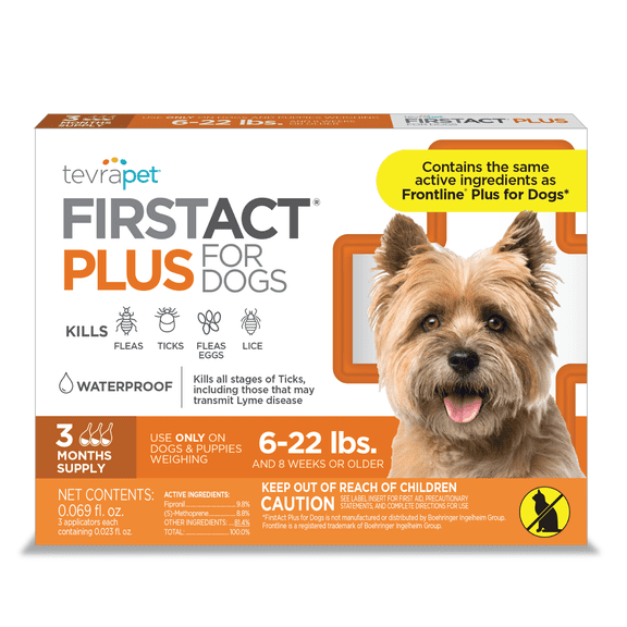TevraPet FirstAct Plus, Flea and Tick Prevention for Small Dogs 5-22 lbs, 3 Monthly Treatments