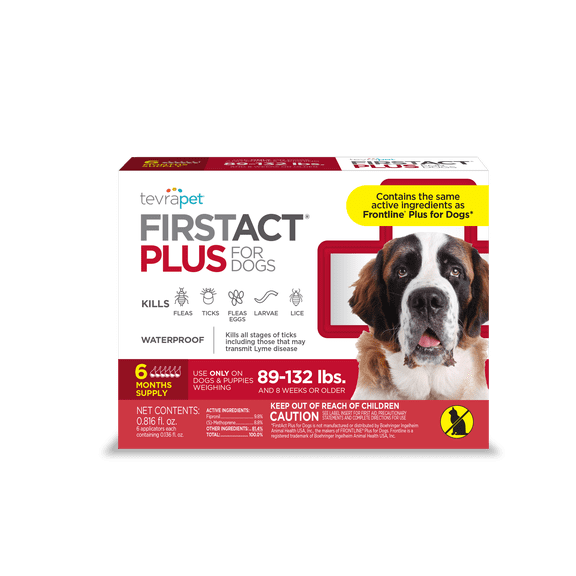 TevraPet FirstAct Plus Flea and Tick Prevention for X-Large Dogs 89+ lbs, 6 Monthly Doses, Topical Drops