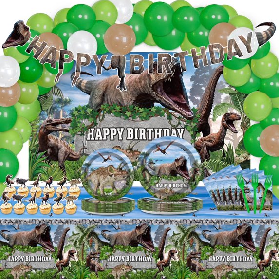 Tevxj Dinosaur Birthday Party Supplies, 180"×54", Serves 24 (189 Pieces)