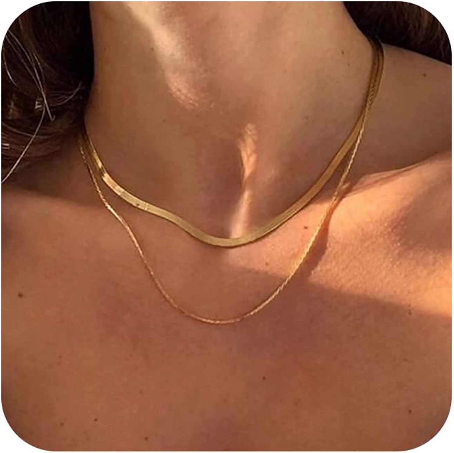 Foxgirl Dainty Gold Necklace for Women, 14k Gold Plated Layered Herringbone  Necklace Set Simple Gold Chain Necklace for Women Thin Chunky Snake Chain