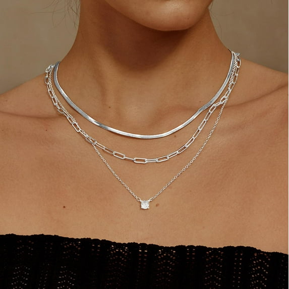 Tewiky Silver Necklace of Women for 3Pcs,Dainty Layered Stacked Chain Choker Necklace - Trendy 925S Silver Plated Layering Necklaces Herringbone Snake Stackable Paperclip Necklace for Women Jewelry