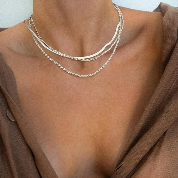 Tewiky Silver Necklace of Women for 3Pcs,Dainty Layered Stacked Chain Choker Necklace - Trendy 925S Silver Plated Layering Necklaces Herringbone Snake Stackable Paperclip Necklace for Women Jewelry