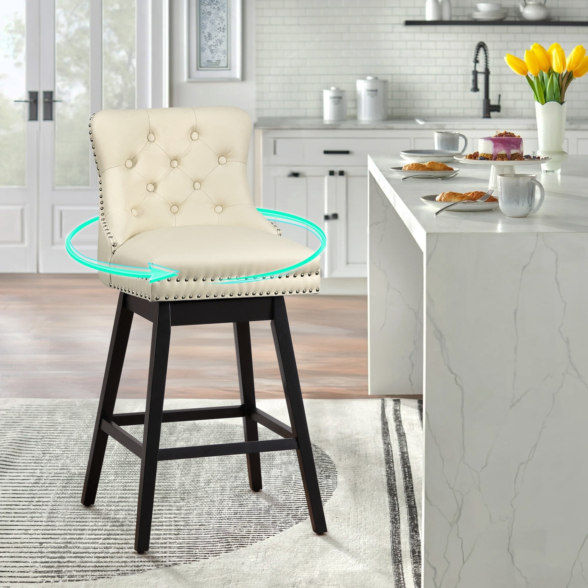 Tewloss 26" Swivel Bar Stools Leather Counter Height Chairs for Home Kitchen Dining, Beige