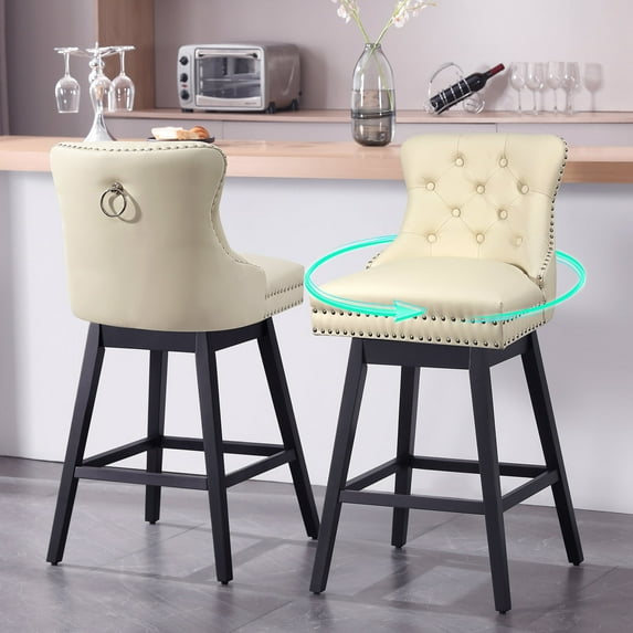 Tewloss 26" Swivel Bar Stools Set of 2 Leather Counter Height Chairs for Home Kitchen Dining, Beige