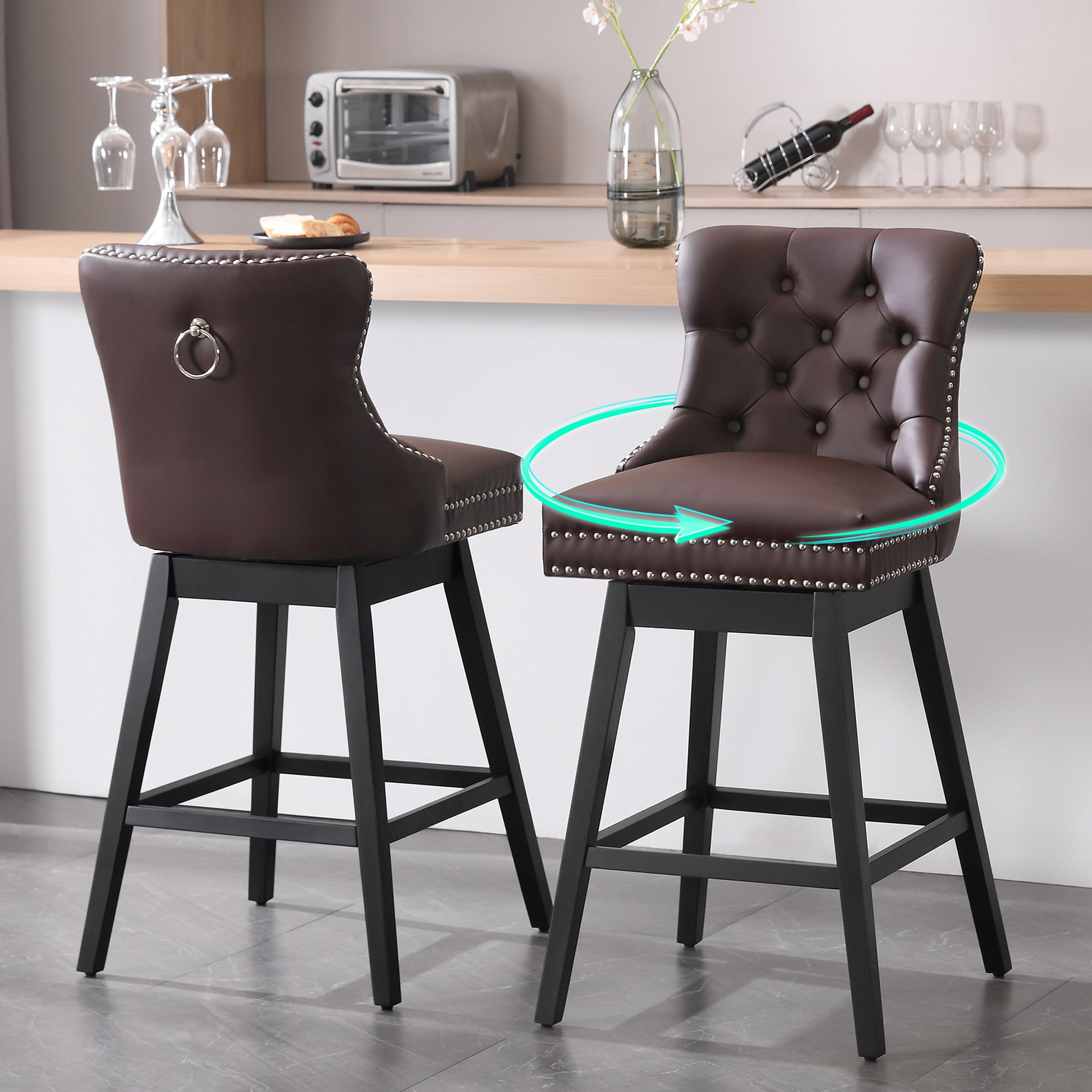 Tewloss 26" Swivel Bar Stools Set of 2 Leather Counter Height Chairs for Home Kitchen Dining, Brown
