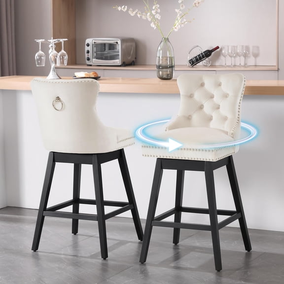 Tewloss 26" Swivel Bar Stools with Back Set of 2 - Upholstered Velvet Counter Height Chairs - Kitchen Island Chairs for Home Kitchen Dining, Beige