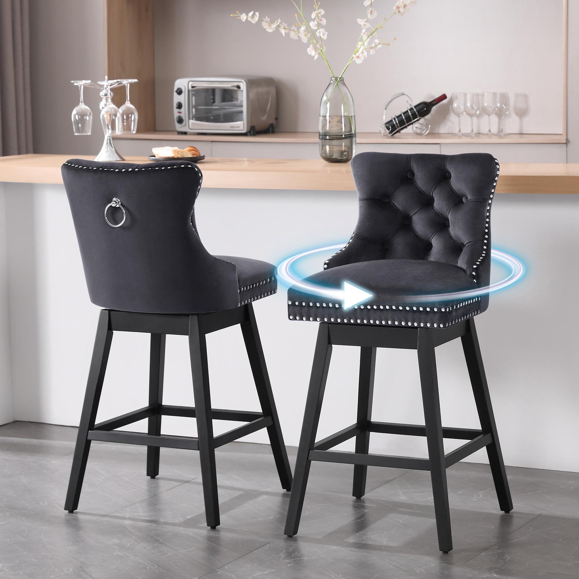 Tewloss 26" Swivel Bar Stools Set of 2 Velvet Counter Height Chairs for Home Kitchen Dining, Black