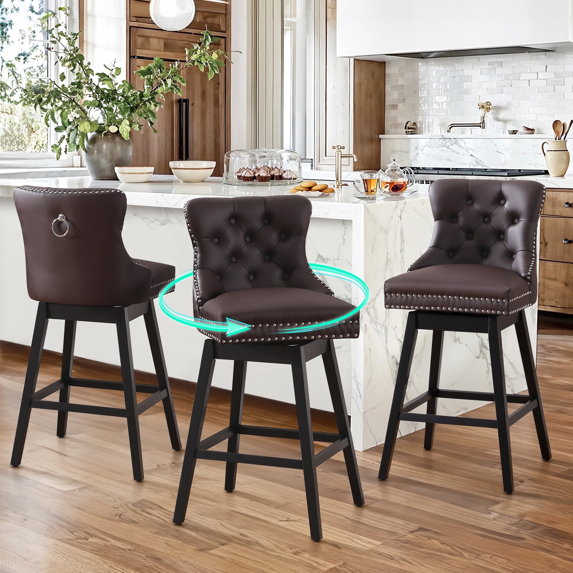 Tewloss 26" Swivel Bar Stools Set of 3 Leather Counter Height Chairs for Home Kitchen Dining, Brown