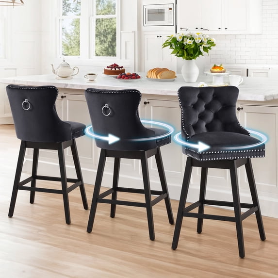 Tewloss 26" Swivel Bar Stools Set of 3 Velvet Counter Height Chairs for Home Kitchen Dining, Black