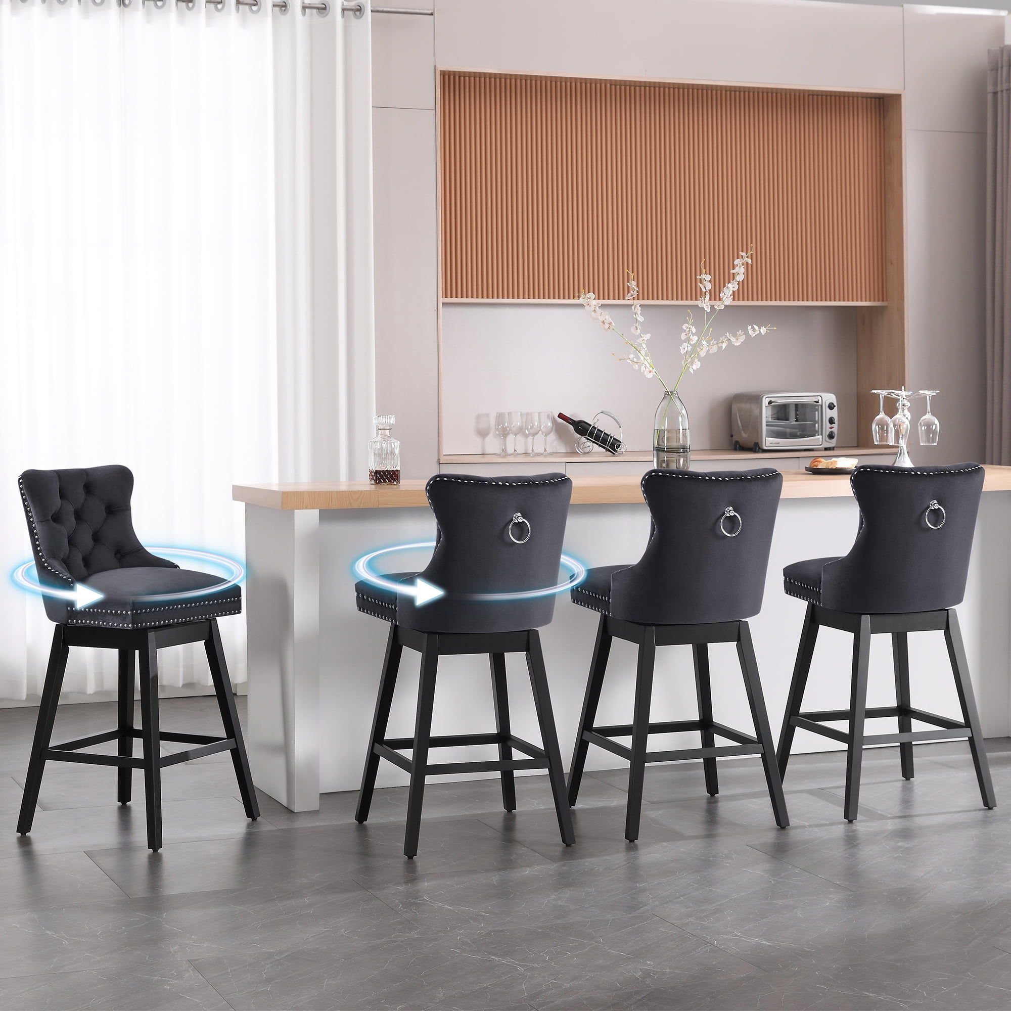 Black Velvet Upholstered Swivel Counter Height Stools with Wood Legs, Set of 4