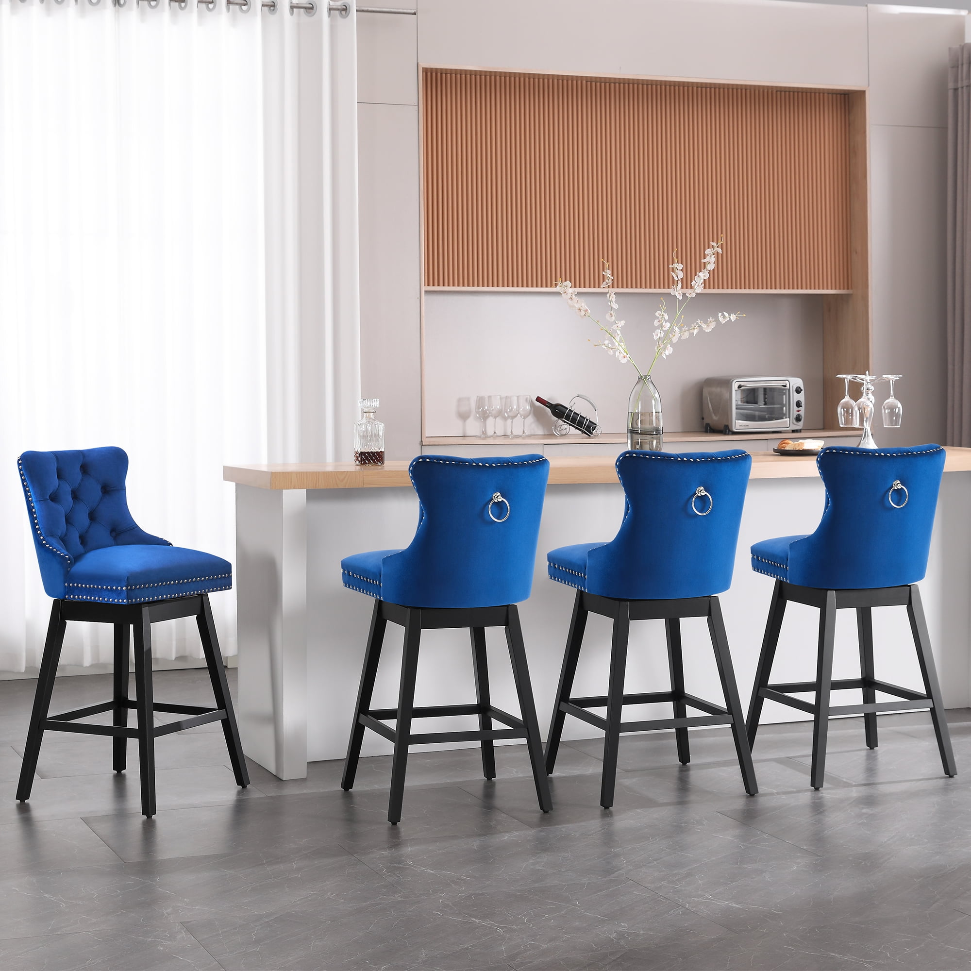 Blue Velvet Upholstered Swivel Counter Height Stools with Black Wood Legs, Set of 4
