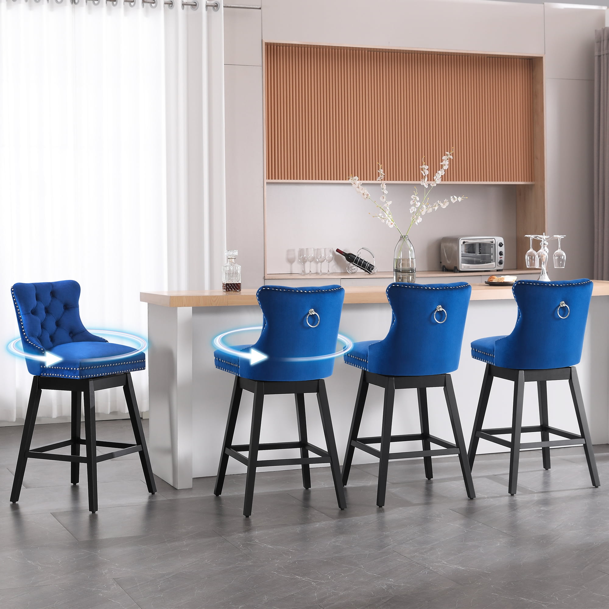 Blue Velvet Upholstered Swivel Counter Height Stools with Black Wood Legs, Set of 4