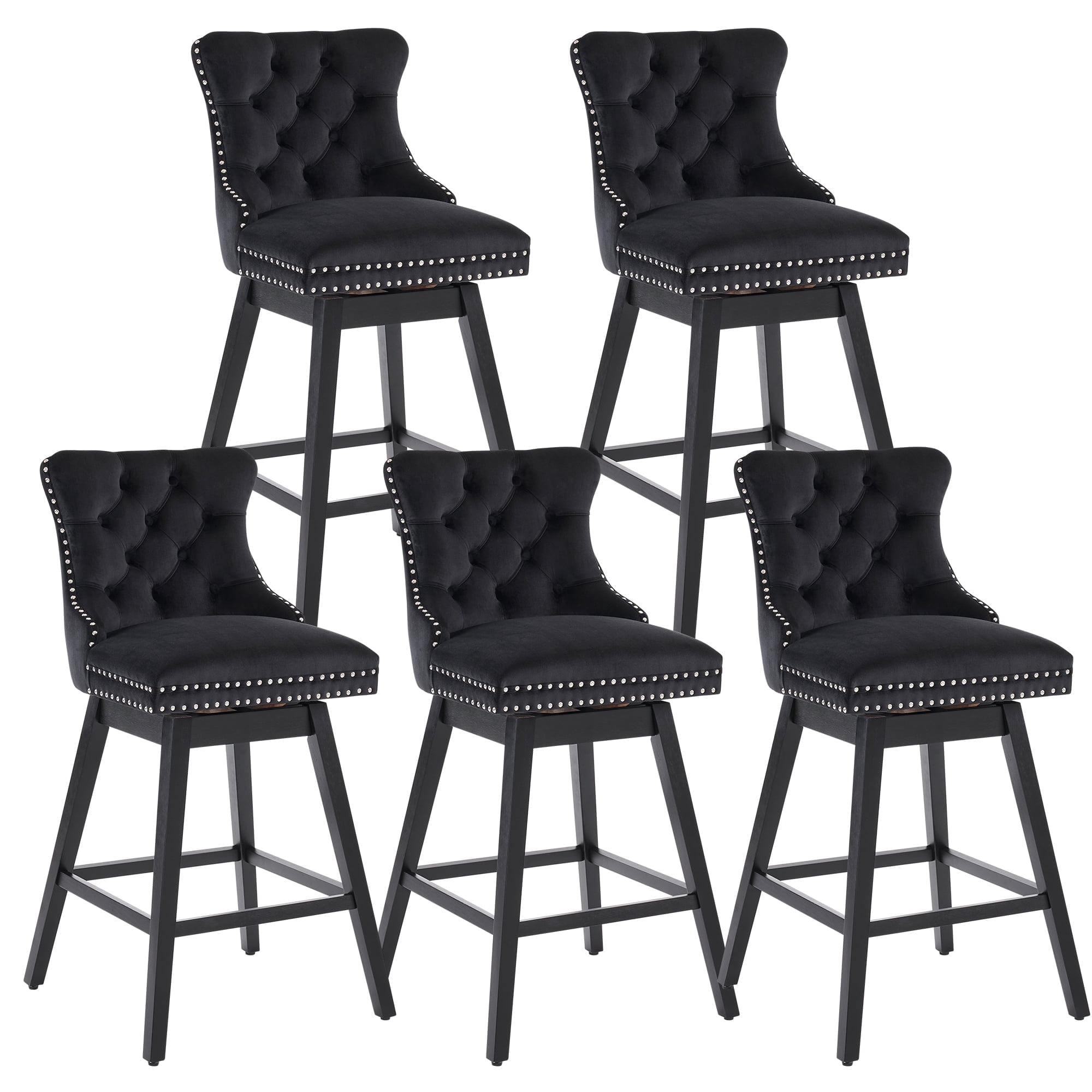 Tewloss 26" Swivel Bar Stools Set of 5 Velvet Counter Height Chairs for Home Kitchen Dining, Black