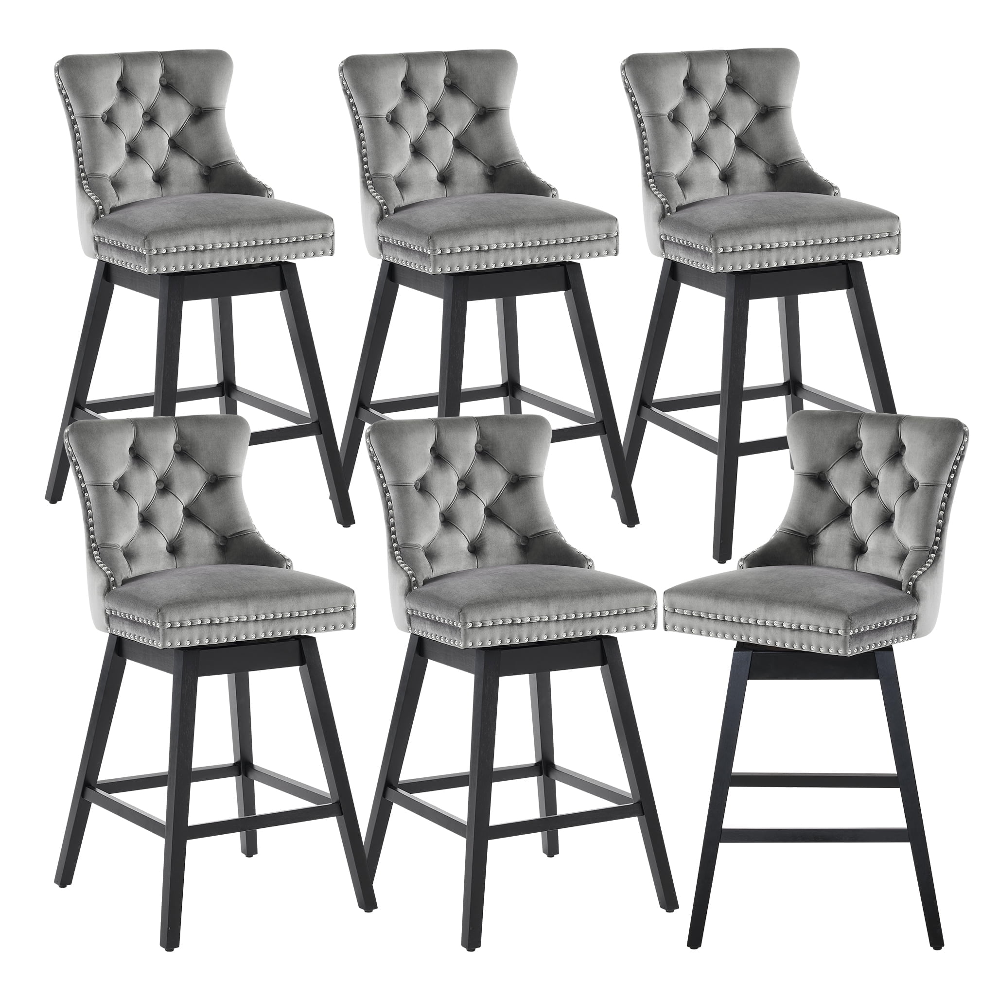Tewloss 26" Swivel Bar Stools Set of 6 Velvet Counter Height Chairs for Home Kitchen Dining, Gray