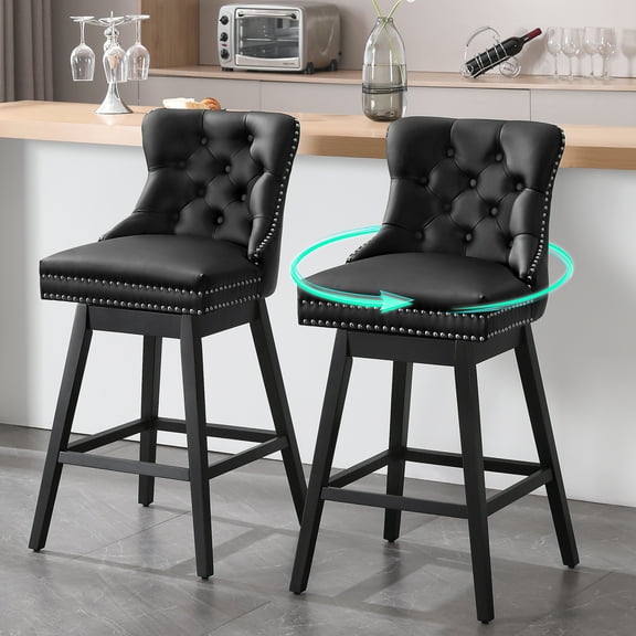 Tewloss 30" Swivel Bar Stools Set of 2 With Back Leather Bar Height Chairs for Home Kitchen, Black