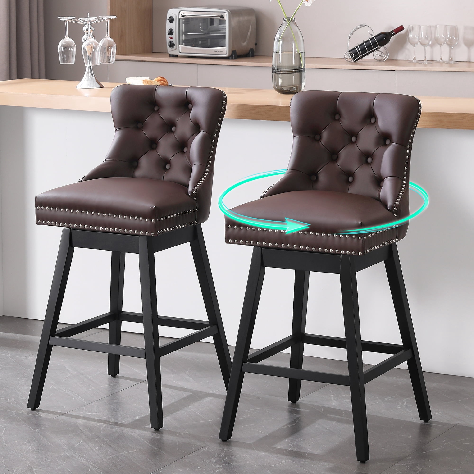 Tewloss 30" Swivel Bar Stools Set of 2 With Back Leather Bar Height Chairs for Home Kitchen, Brown