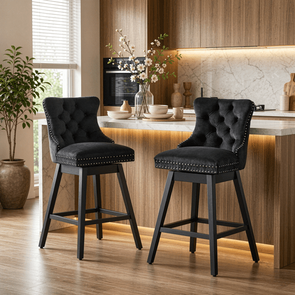 Tewloss 30" Swivel Bar Stools with Back Set of 2 - Modern Upholstered Velvet Bar Height Barstools Chairs for Home Kitchen Dining, Black