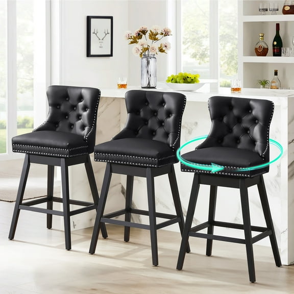 Tewloss 30" Swivel Bar Stools Set of 3 With Back Leather Bar Height Chairs for Home Kitchen, Black