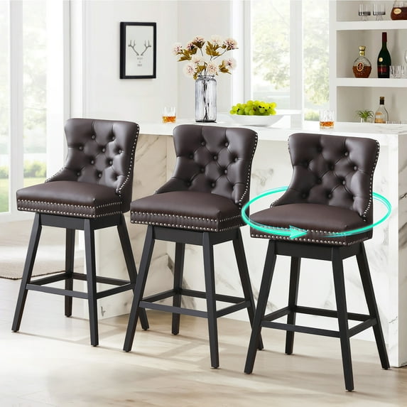 Tewloss 30" Swivel Bar Stools Set of 3 With Back Leather Bar Height Chairs for Home Kitchen, Brown