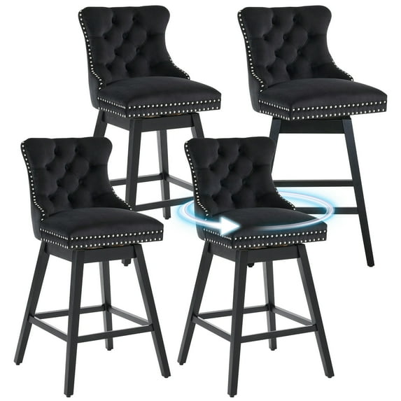 Tewloss 30" Swivel Bar Stools Set of 4 With Back Velvet Bar Height Chairs for Home Kitchen, Black