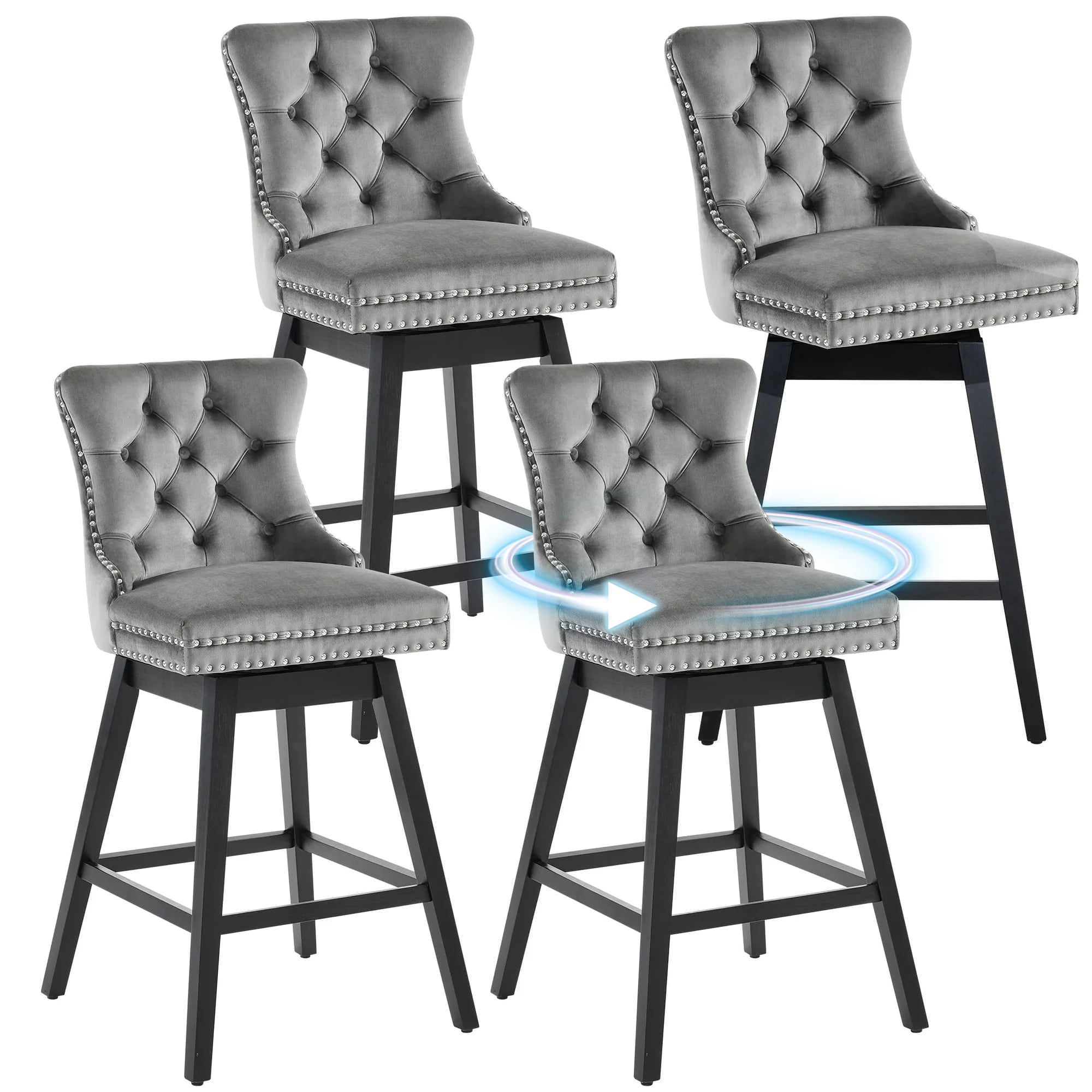 Tewloss 30" Swivel Bar Stools Set of 4 With Back Velvet Bar Height Chairs for Home Kitchen, Gray