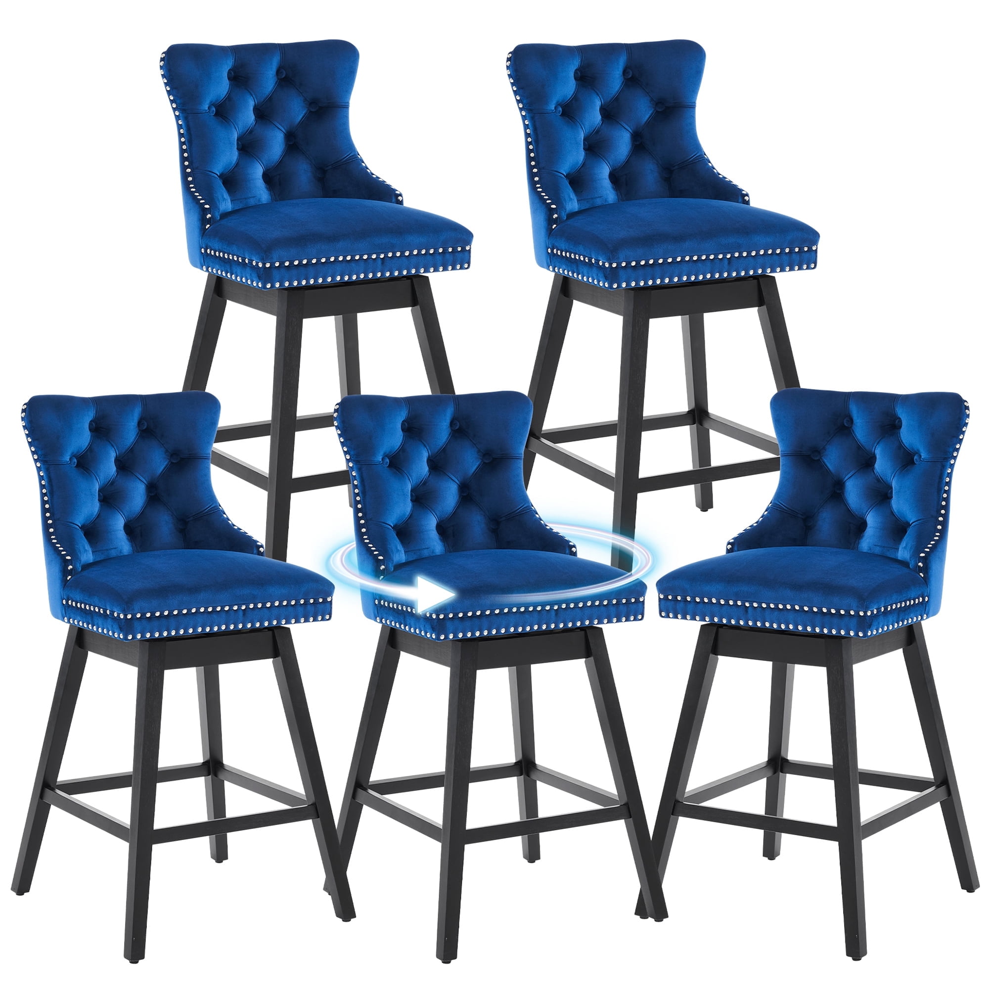 Tewloss 30" Swivel Bar Stools Set of 5 With Back Velvet Bar Height Chairs for Home Kitchen, Blue