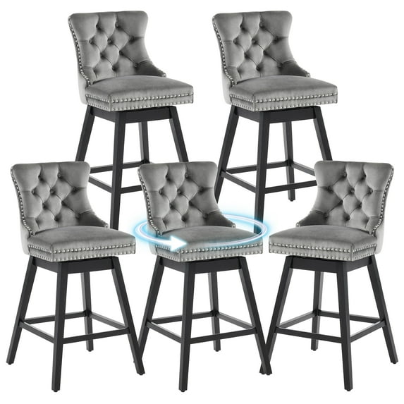Tewloss 30" Swivel Bar Stools Set of 5 With Back Velvet Bar Height Chairs for Home Kitchen, Gray