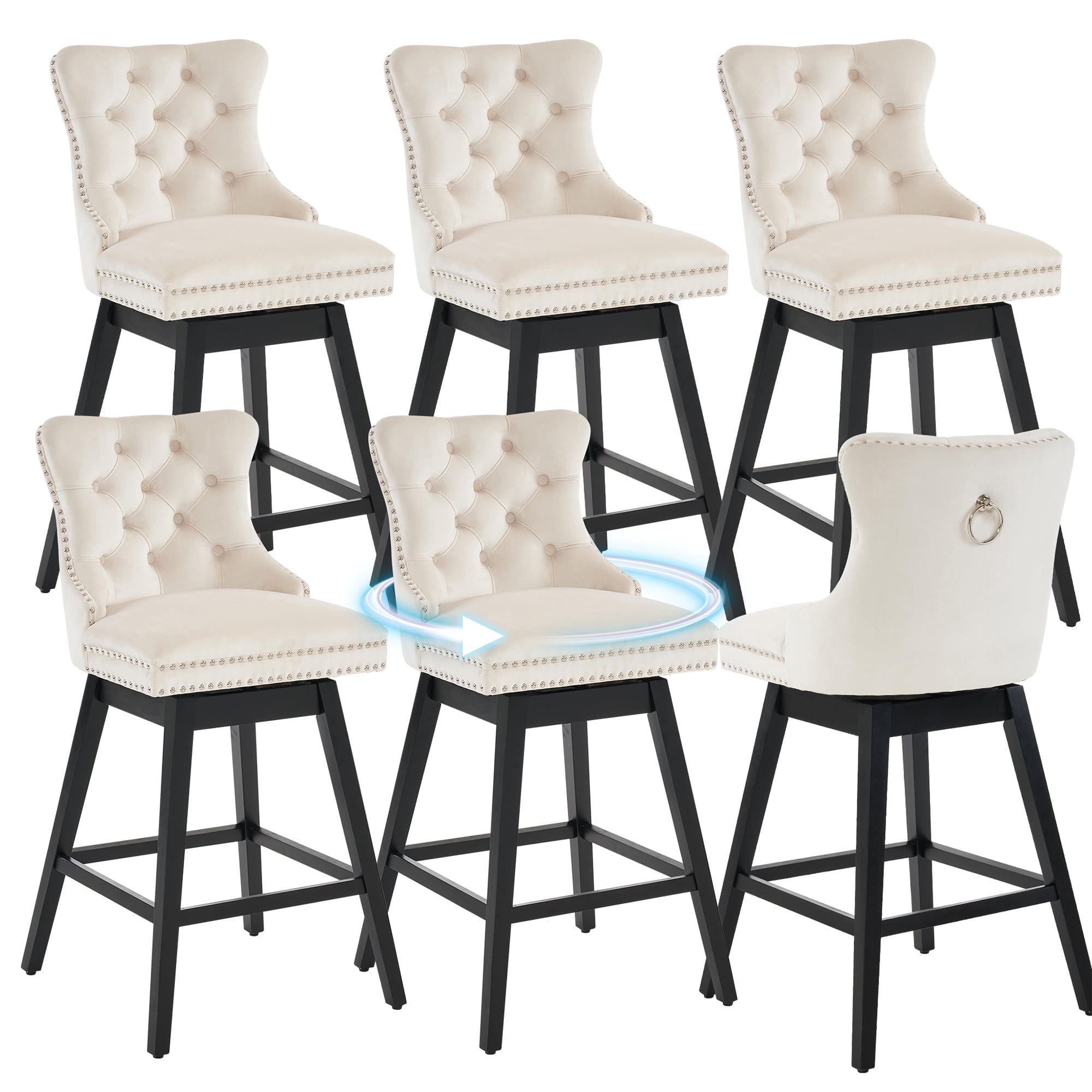 Tewloss 30" Swivel Bar Stools Set of 6 With Back Velvet Bar Height Chairs for Home Kitchen, Beige