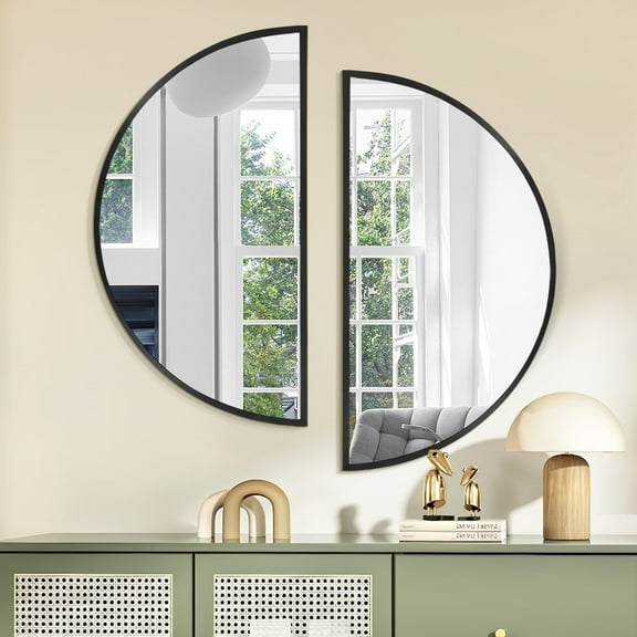 Tewloss DIY Bathroom Mirrors Half Circle Wall Mirror Sets 2PCS for Home Decor (Black, S)