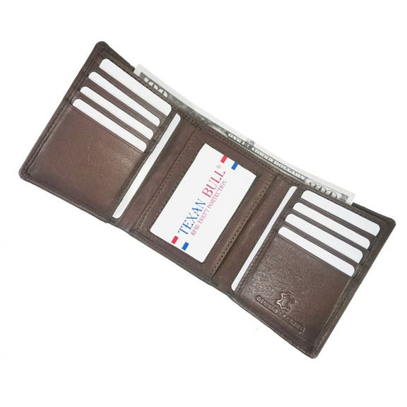 Texan Bull Cow Leather RFID Signal Blocking Trifold Wallets for Men Brown