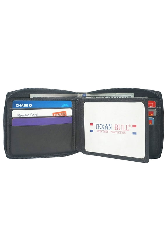 RFID Signal Blocking Leather Bifold Credit Card Holder Zipper Men's Wallet