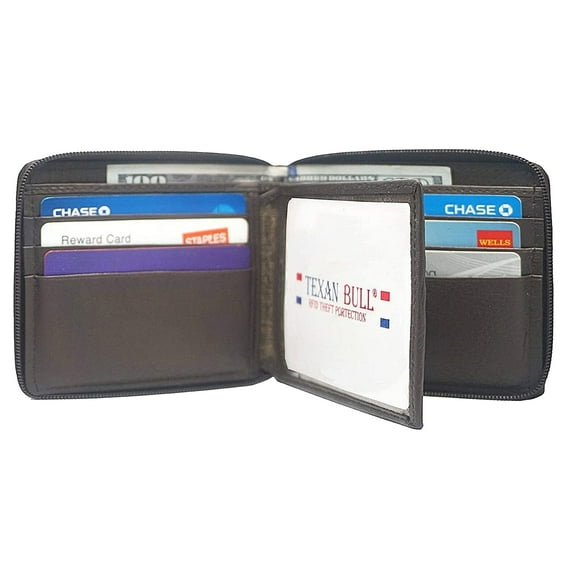 Texan Bull RFID Signal Blocking Leather Bifold Credit Card Holder Zipper Men's Wallet