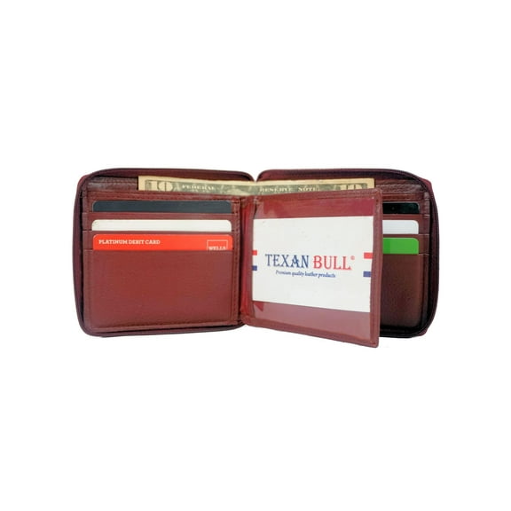 Texan Bull RFID Signal Blocking Leather Bifold Credit Card Holder Zipper Men's Wallet