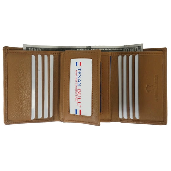 Texan Bull RFID Signal Blocking Trifold Wallets for Men Genuine Cow Leather