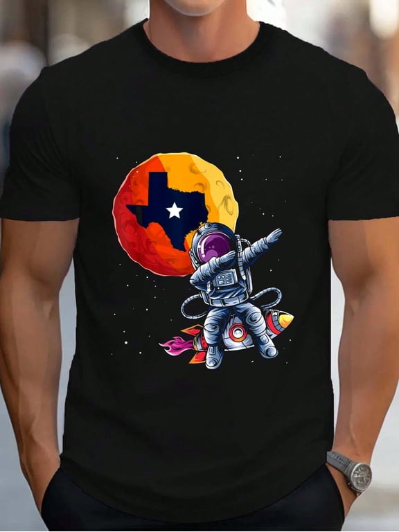 Texas 1965 Houston City Space Dabbing Astronaut Men's Cotton Crew Neck Graphic Tee Casual Short Sleeve Solid T-Shirt