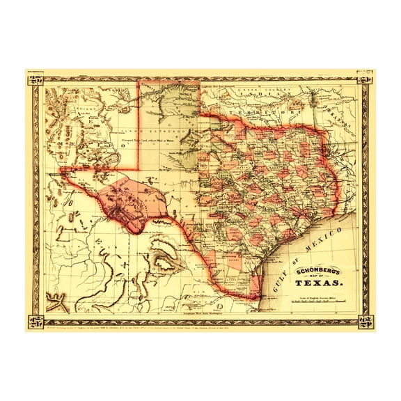 Texas Art, 1866 Vintage Map of Texas History Wall Decor Gift, Old Texas Map - 36" x 24" Unframed Print