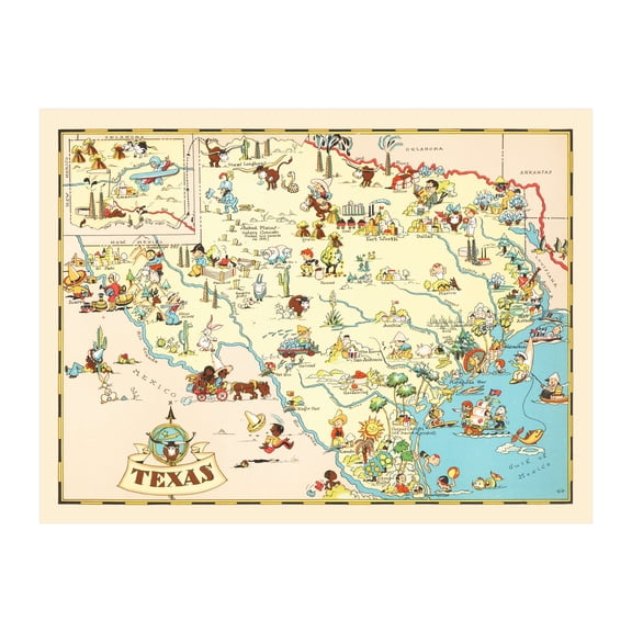 Texas Art, 1935 Vintage Map of Texas History Wall Decor Gift, Old Texas Map - 36" x 24" Unframed Print