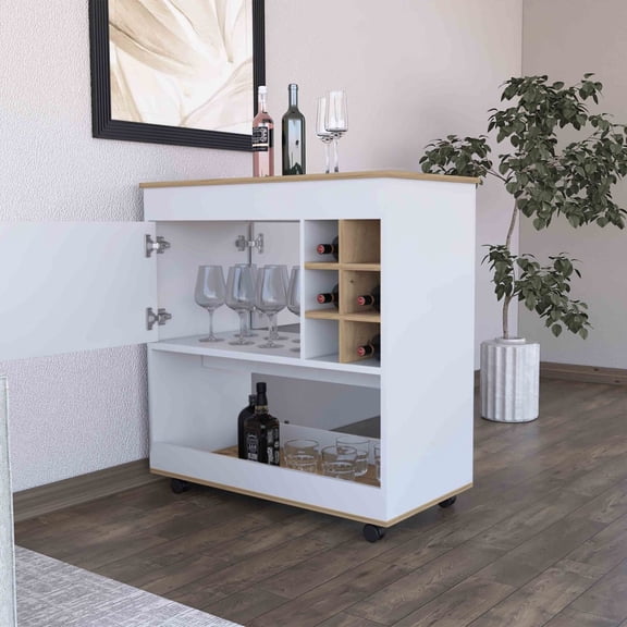 Texas Bar Cart One Cabinet Six Bottle Cubbies One Lower Panel Four Casters Multicolor Particle Board Melamine