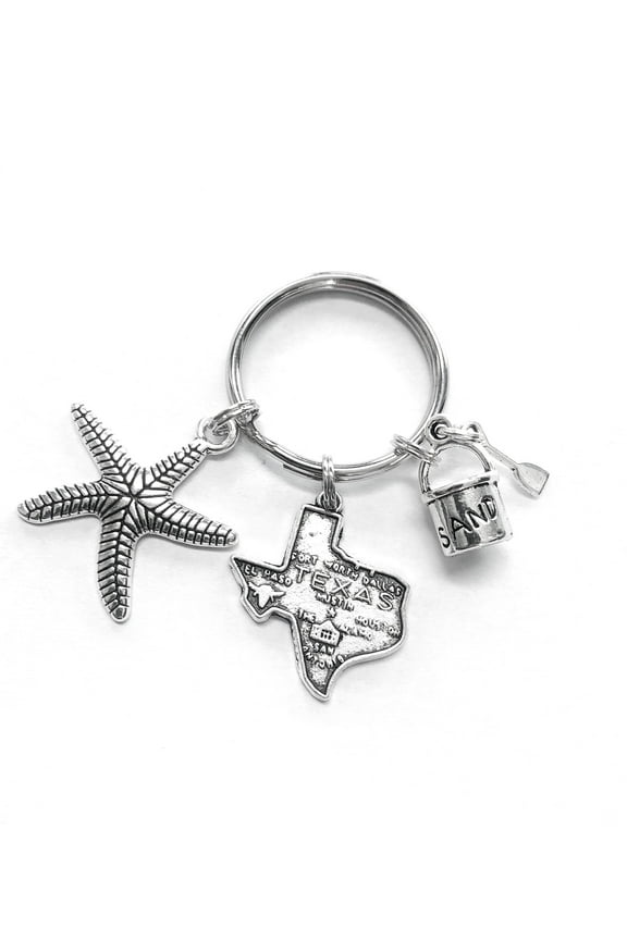 Texas Beach themed keychain. Starfish, Texas, and Sand Bucket. Beach House Hostess Gift. Vacation House Key.