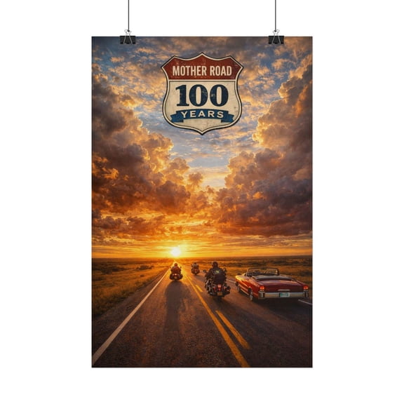 Texas Big Sky Motorcycle Art | Route 66 Mother Road Centennial Poster | Sunset Ride, Unframed Paper Poster 8x10in