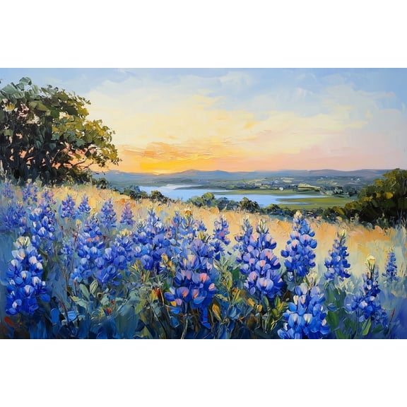 Texas Bluebonnet Art Blue Flower Landscape Texas Lake Painting Print From An Original Impasto Wall Art Modern Wall Decor