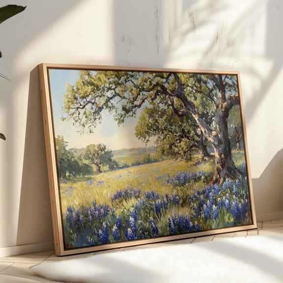 Texas Bluebonnet Field Wall Art Print, Wildflower Meadow Landscape Painting, Oak Tree Nature Decor For Country Or Rustic Homes UNFRAMED