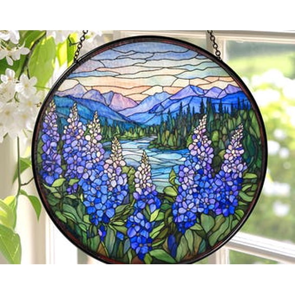 Texas Bluebonnet Glass Suncatcher Round Flower Window Hanging, 6.3 in