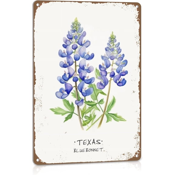 Texas Bluebonnet Metal Wall Art Sign, Vintage Home Decor for Kitchen or Bathroom, 12x8 Inch