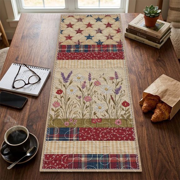 Wildflower Meadow Patriotic Quilted Table Runner, Red Blue Star Patchwork Quilt, Floral Summer Table Decor, Americana Farmhouse Decoration