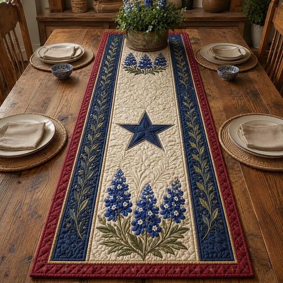 Texas Bluebonnet Quilted Table Runner, Rustic Lone Star Western Decor