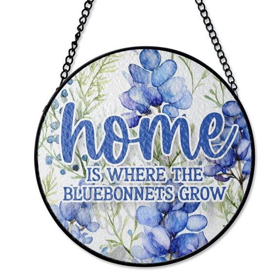 Texas Bluebonnets Spring Wreath Suncatcher Stained Glass Style, UV Printed Glass, Wildflower Nature Home Decor, Round