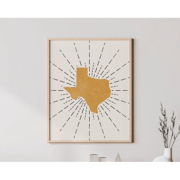 Texas Boho Bohemian Abstract Mid Century Modern State Of Sunburst Wall Art Print, Modern Living Room And Office Decor