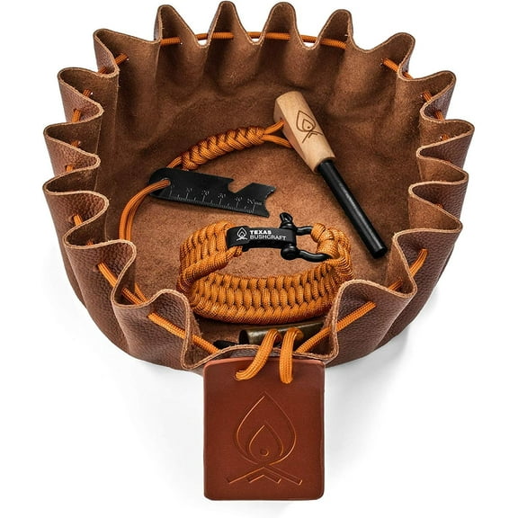 Texas Bushcraft Fire Starter Survival Kit - Ferro Rod Flint Fire Steel, Striker Tool | Cowhide Leather Tinder Bag | Emergency Paracord Bracelet Camping Gear